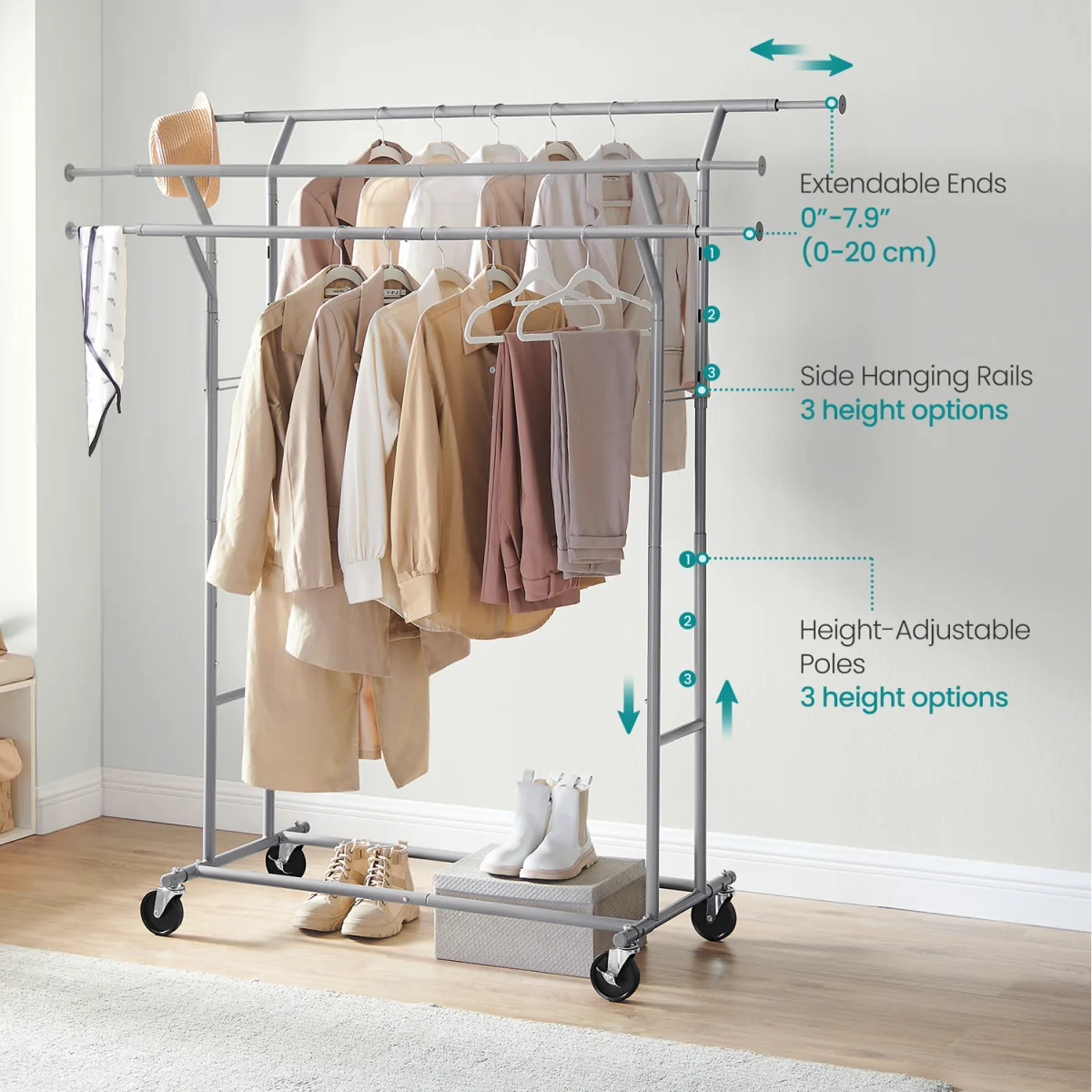 Clothes Rail, Extendable Double Garment Rack on Wheels - Grey – image 3