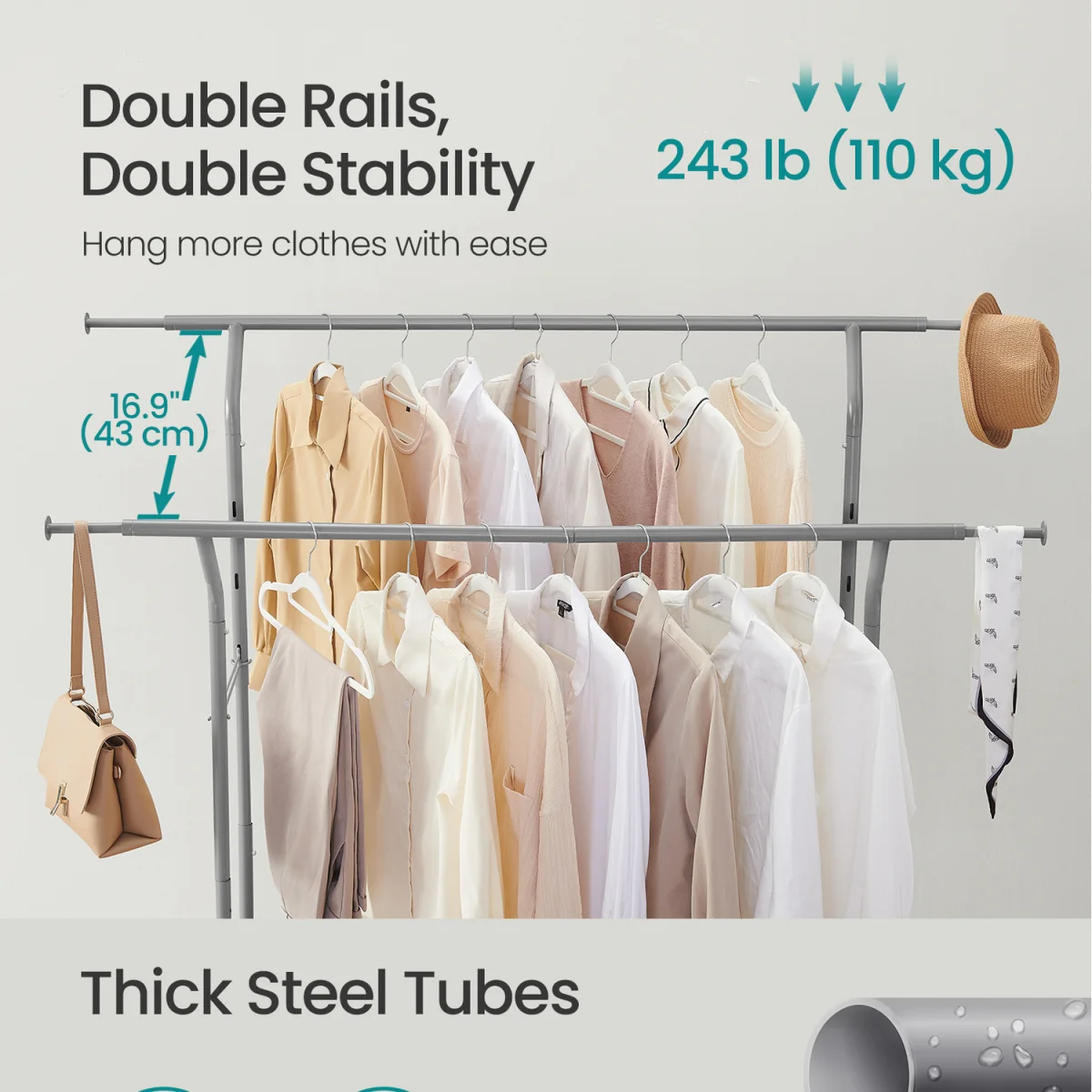Clothes Rail, Extendable Double Garment Rack on Wheels - Grey – image 4