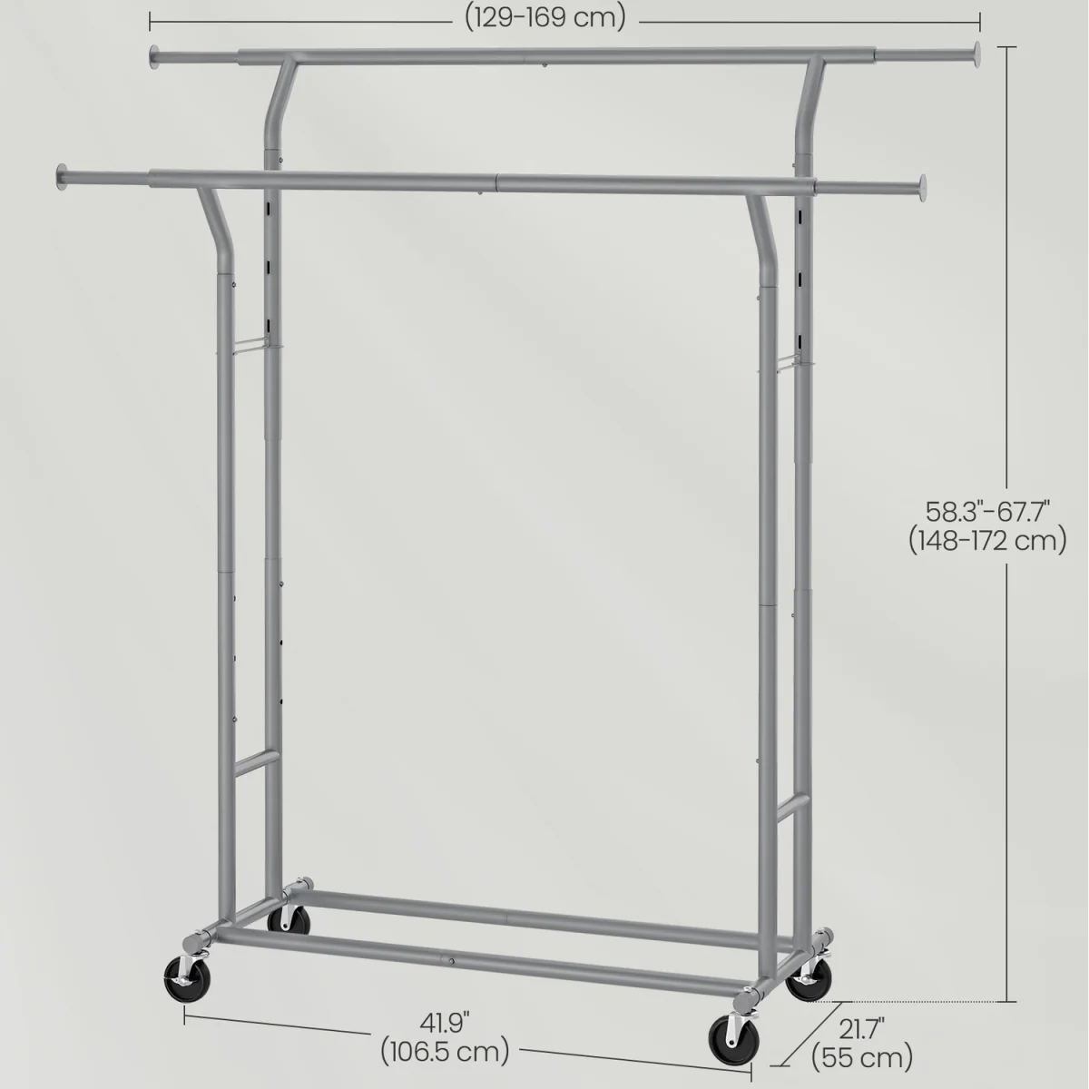 Clothes Rail, Extendable Double Garment Rack on Wheels - Grey – image 5