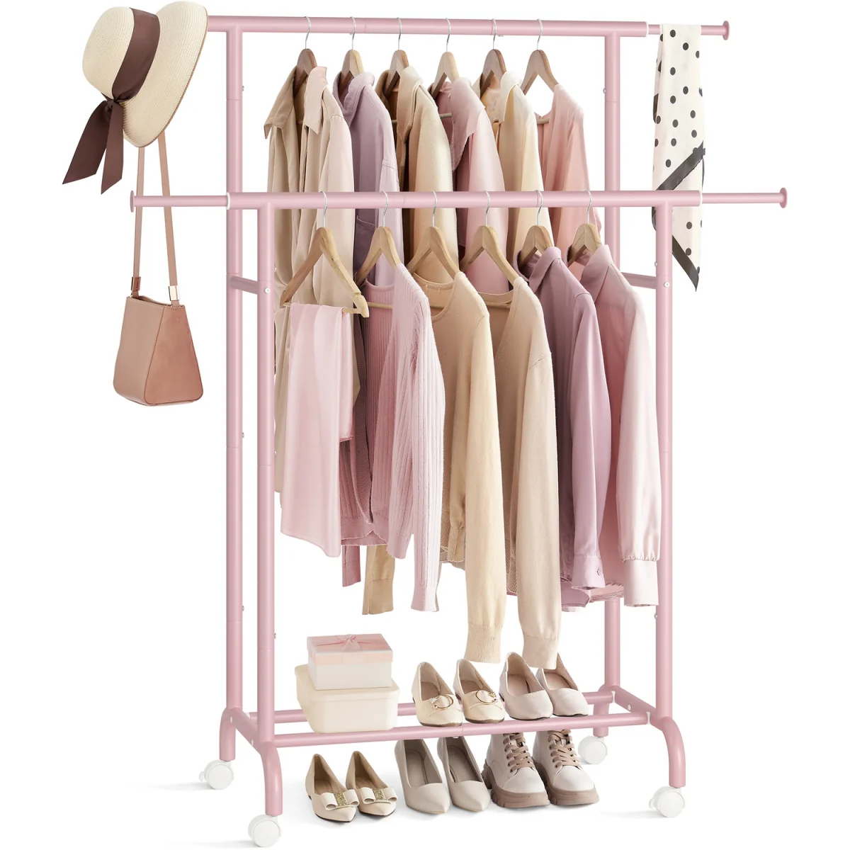 SONGMICS Double Garment Rail with Lockable Wheels - Pink – image 2