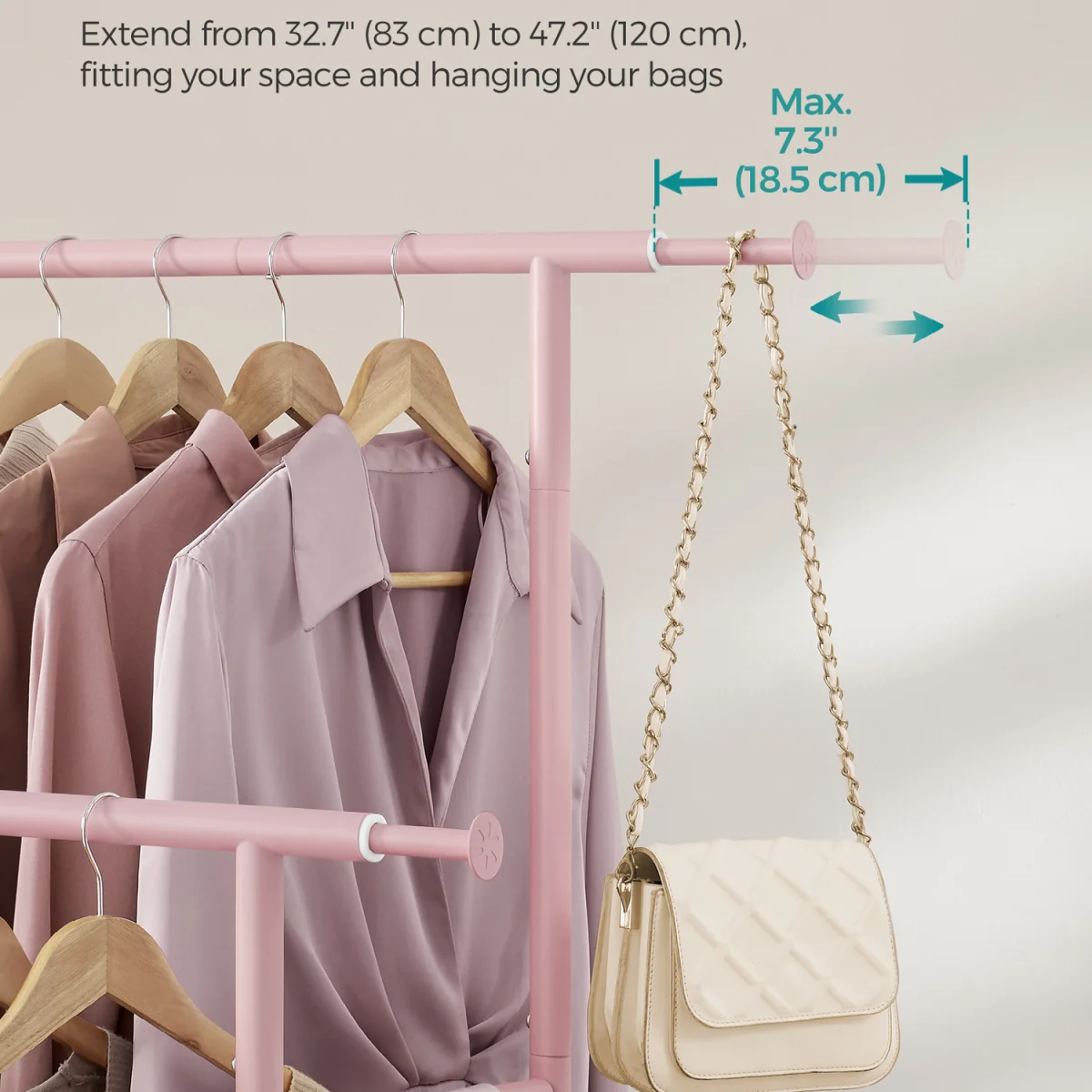 SONGMICS Double Garment Rail with Lockable Wheels - Pink – image 3
