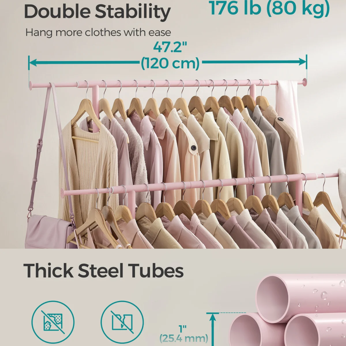 SONGMICS Double Garment Rail with Lockable Wheels - Pink – image 4