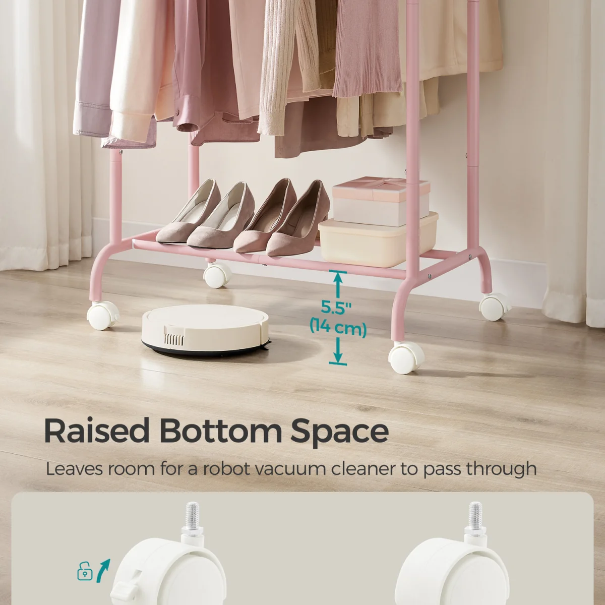 SONGMICS Double Garment Rail with Lockable Wheels - Pink – image 5