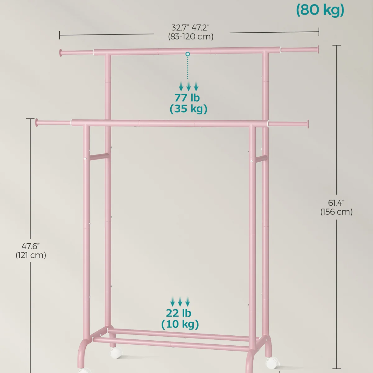 SONGMICS Double Garment Rail with Lockable Wheels - Pink – image 6