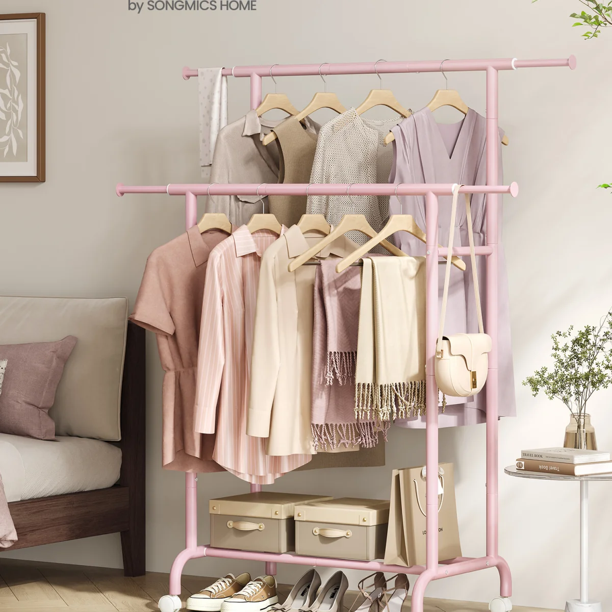 SONGMICS Double Garment Rail with Lockable Wheels - Pink – image 7