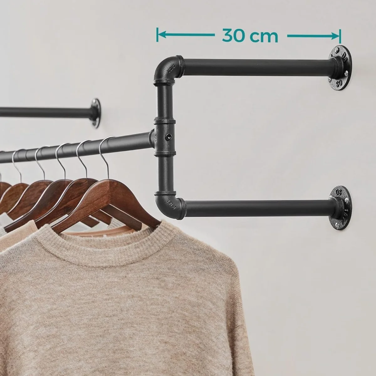 Wall-Mounted Clothes Rack, Industrial Pipe Clothes Hanging Bar - Black – image 2