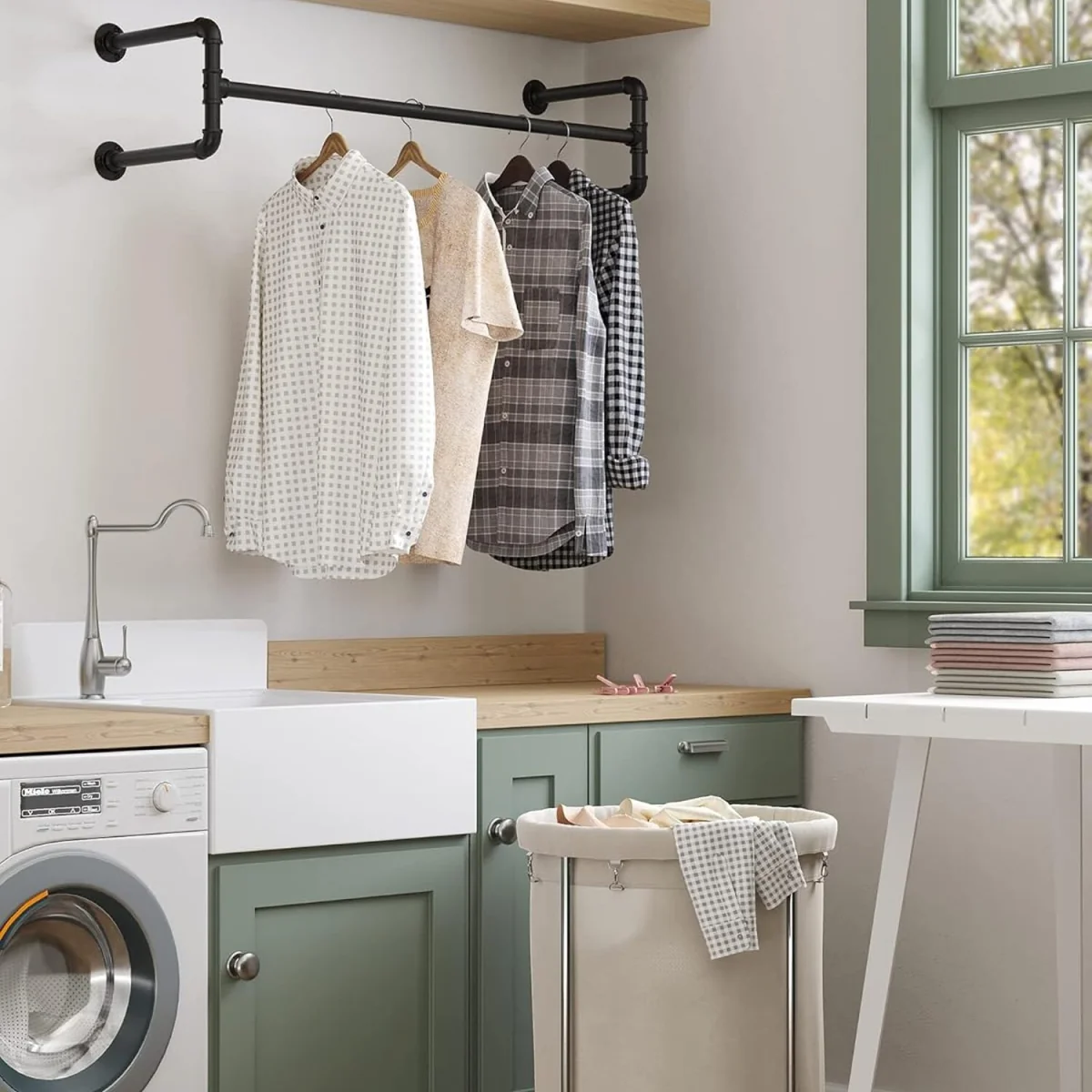 Wall-Mounted Clothes Rack, Industrial Pipe Clothes Hanging Bar - Black – image 3
