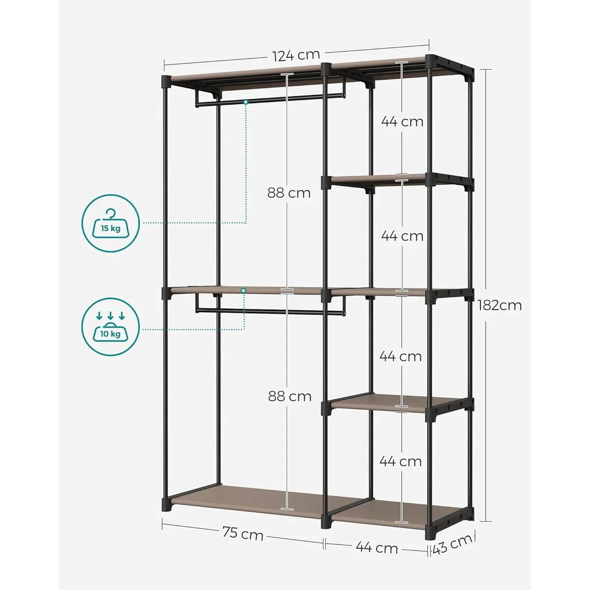 Freestanding Open Wardrobe with Hanging Rail and Storage Shelves - Taupe – image 3