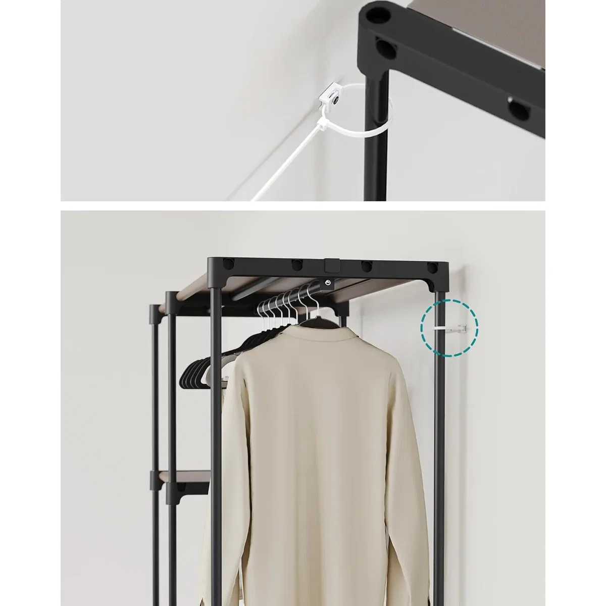 Freestanding Open Wardrobe with Hanging Rail and Storage Shelves - Taupe – image 6