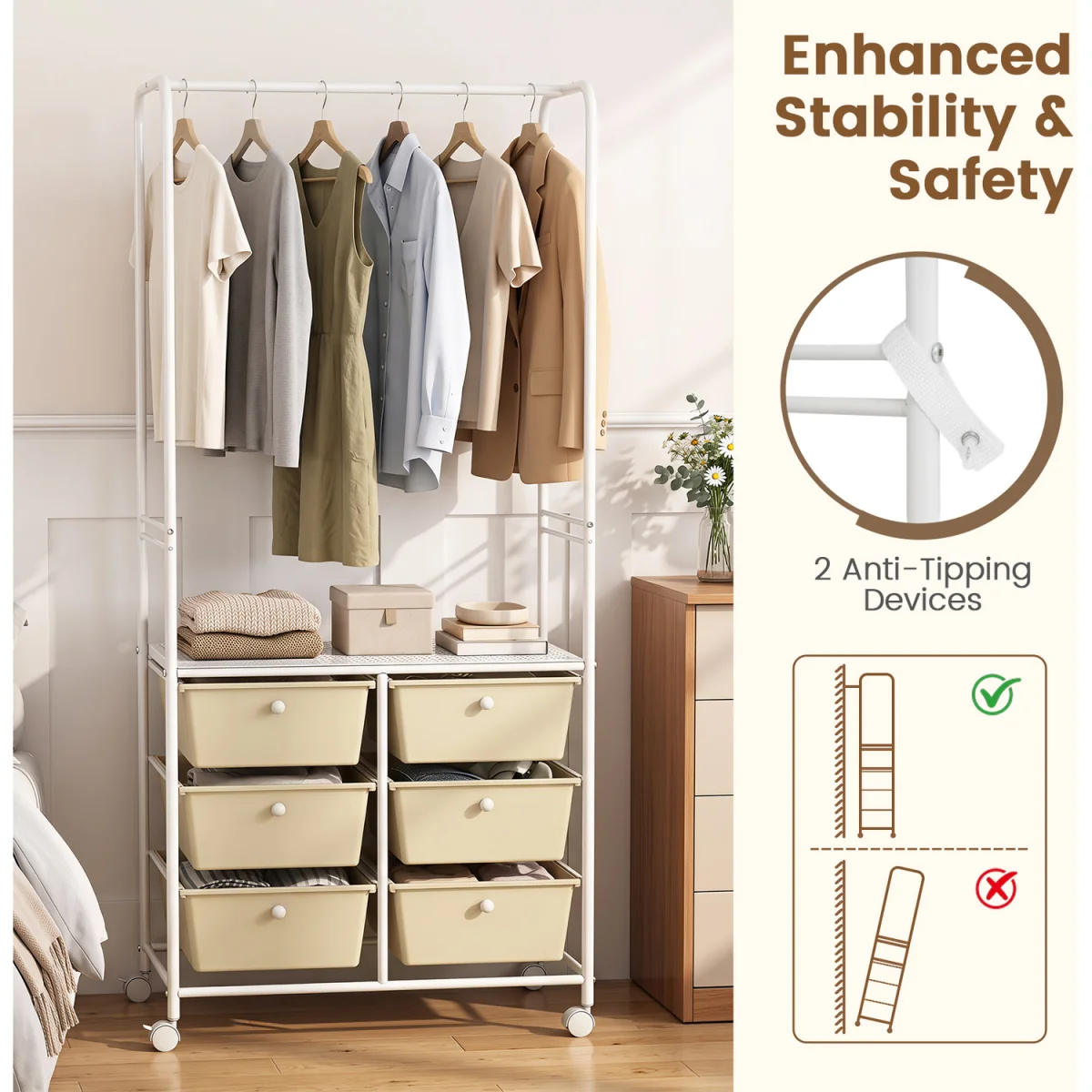 6 Drawers Clothing Rack with Storage Shelf - White – image 4