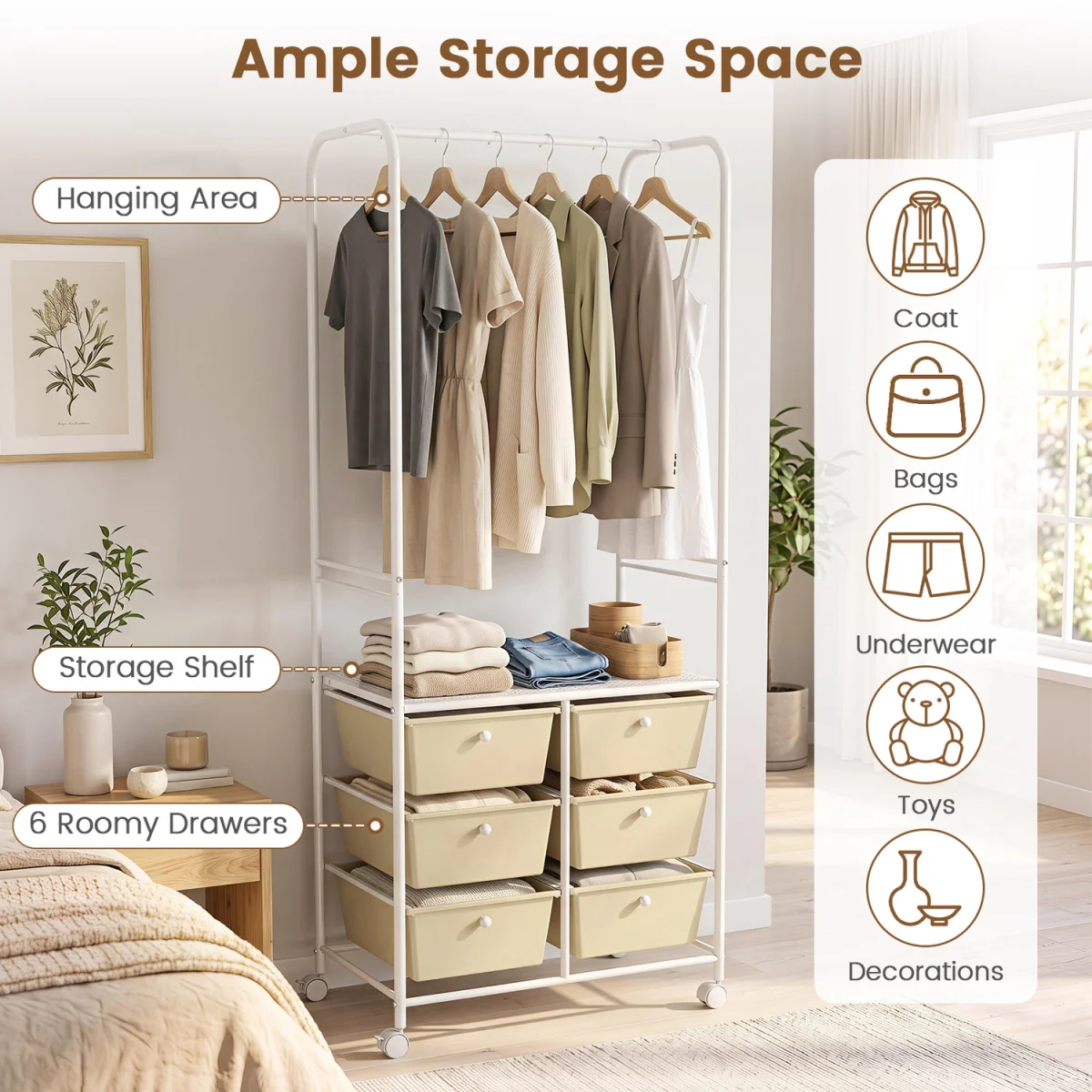 6 Drawers Clothing Rack with Storage Shelf - White – image 7