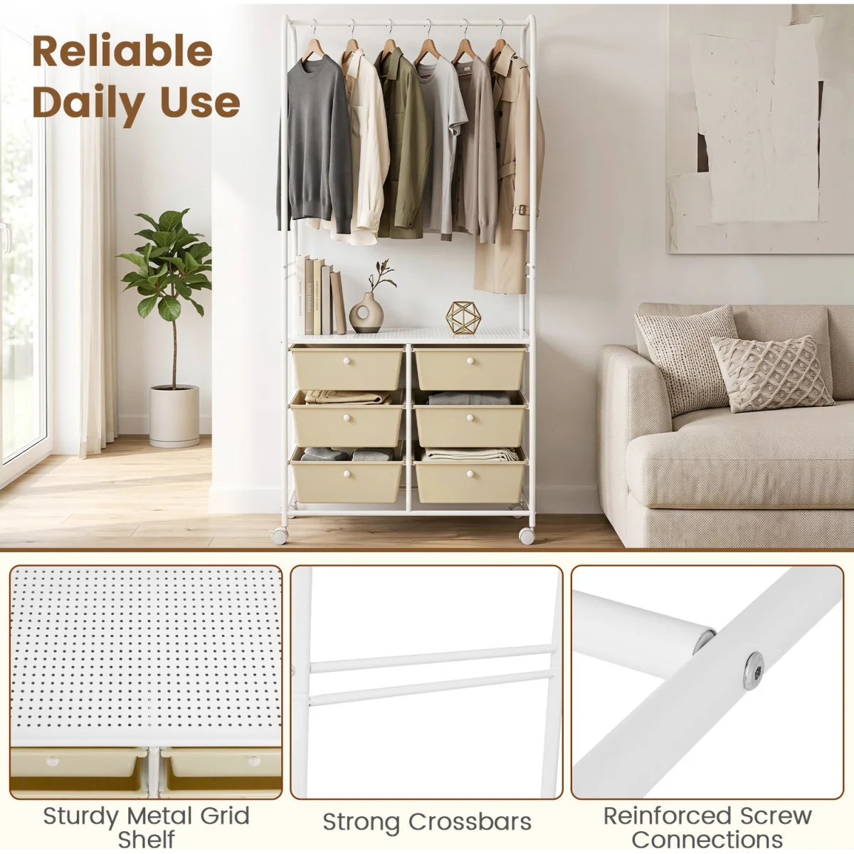 6 Drawers Clothing Rack with Storage Shelf - White – image 8