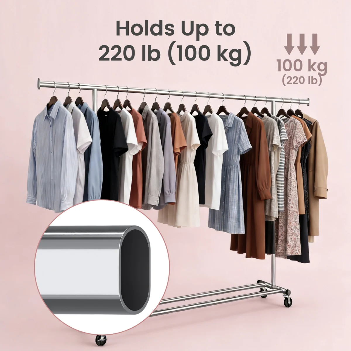 SONGMICS Clothes Rack on Wheels, Heavy Duty Clothes Rail - Silver – image 3