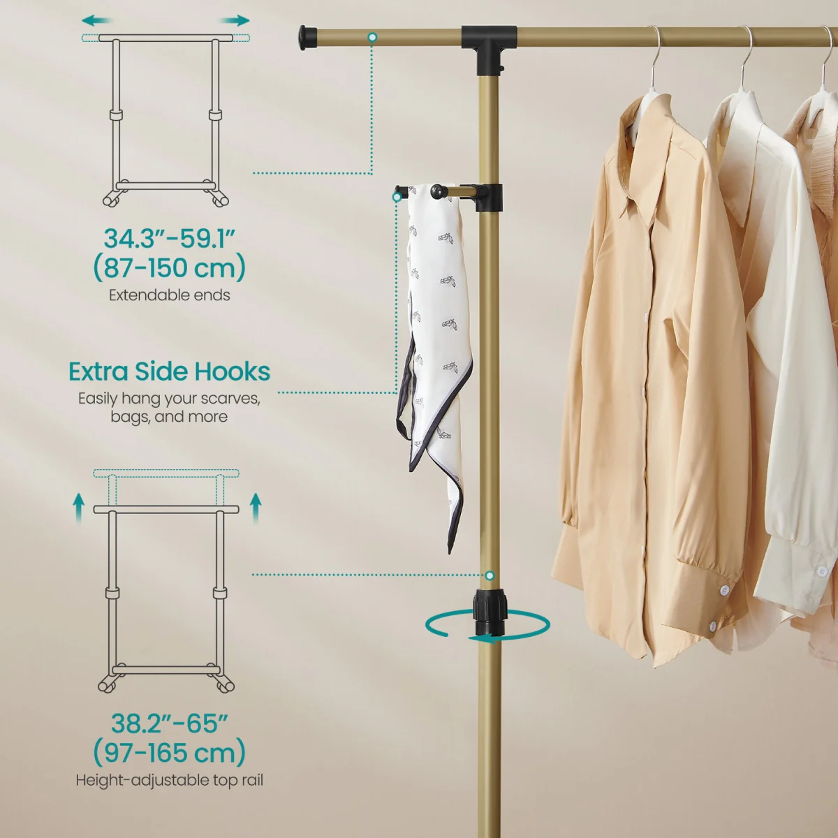 SONGMICS Clothes Rack with Castors, Garment Rack, Adjustable Height Between 97-1 - Pale Gold – image 3
