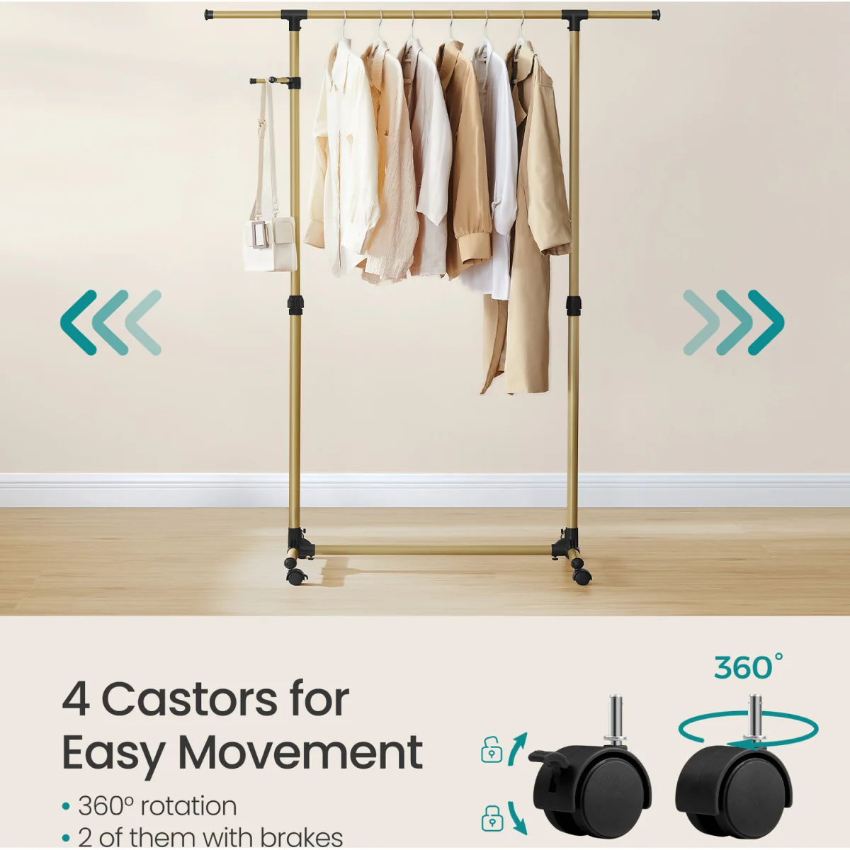 SONGMICS Clothes Rack with Castors, Garment Rack, Adjustable Height Between 97-1 - Pale Gold – image 4
