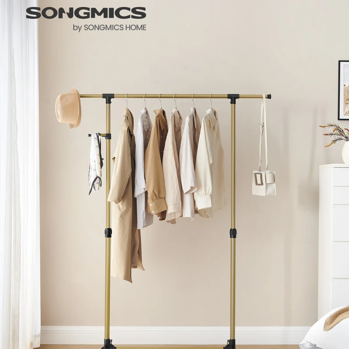 SONGMICS Clothes Rack with Castors, Garment Rack, Adjustable Height Between 97-1 - Pale Gold – image 7