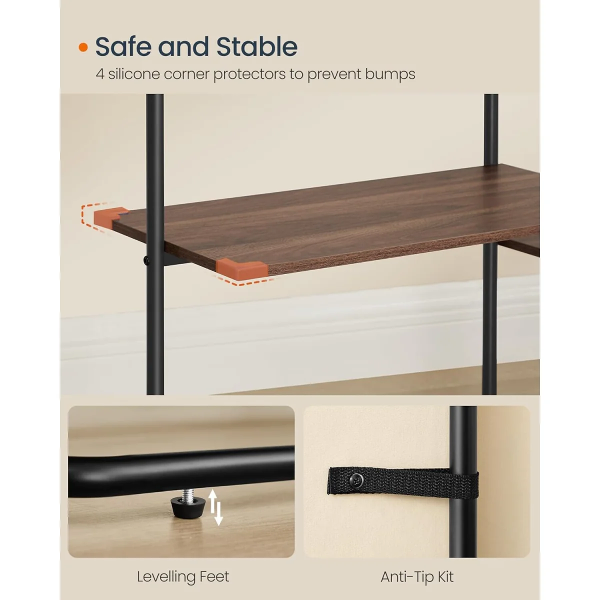 Heavy Duty Clothes Rack 2 Rails 6 Shelves, Walnut & Black - Natural Walnut, Ink Black – image 2