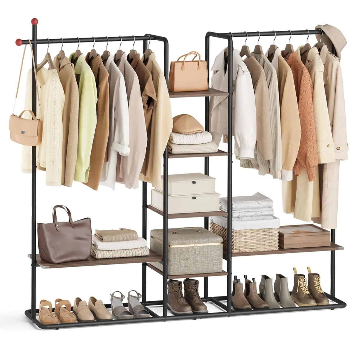 Heavy Duty Clothes Rack 2 Rails 6 Shelves, Walnut & Black - Natural Walnut, Ink Black – image 4