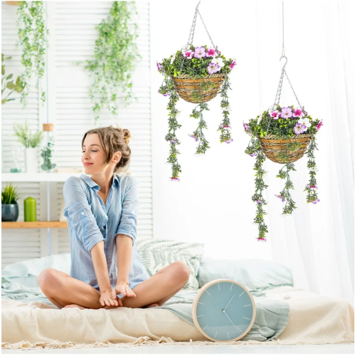 Artificial Azalea Hanging Basket Set Indoor Outdoor Decor - Pink – image 3