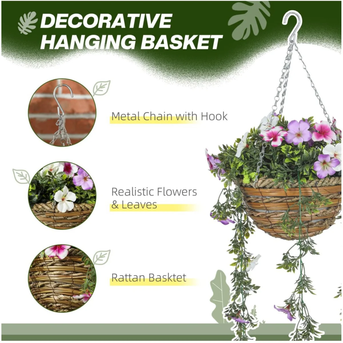 Artificial Azalea Hanging Basket Set Indoor Outdoor Decor - Pink – image 4