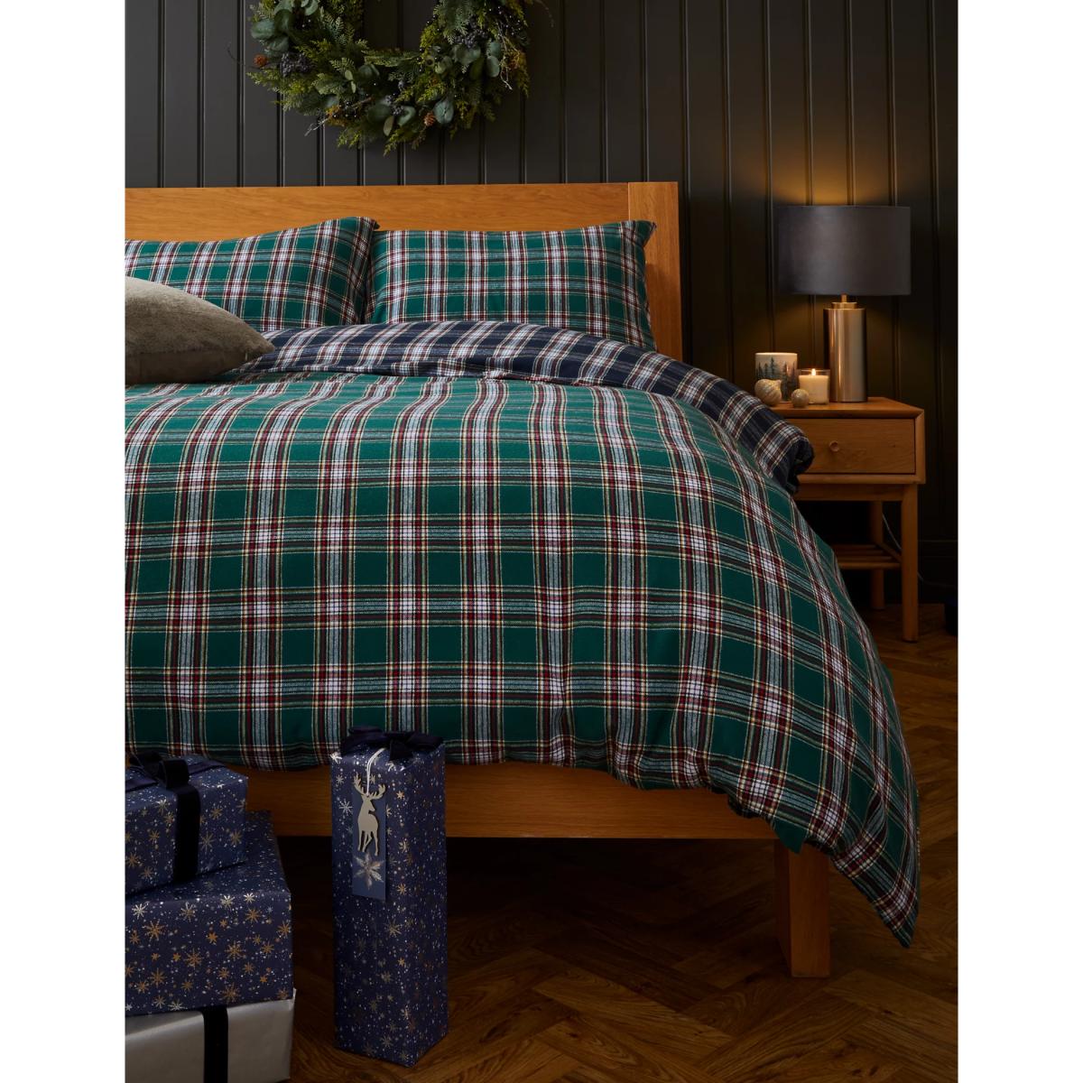M&S Pure Brushed Cotton Woven Checked Bedding Set - 6FT - Green Mix, Green Mix – image 3