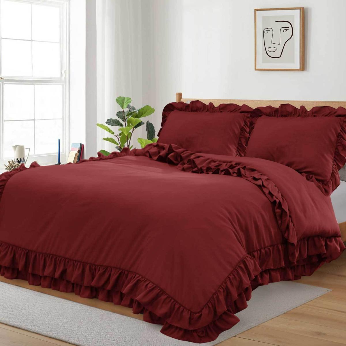 Ruffled Borders Duvet Cover Set - Burgundy / Superking – image 1