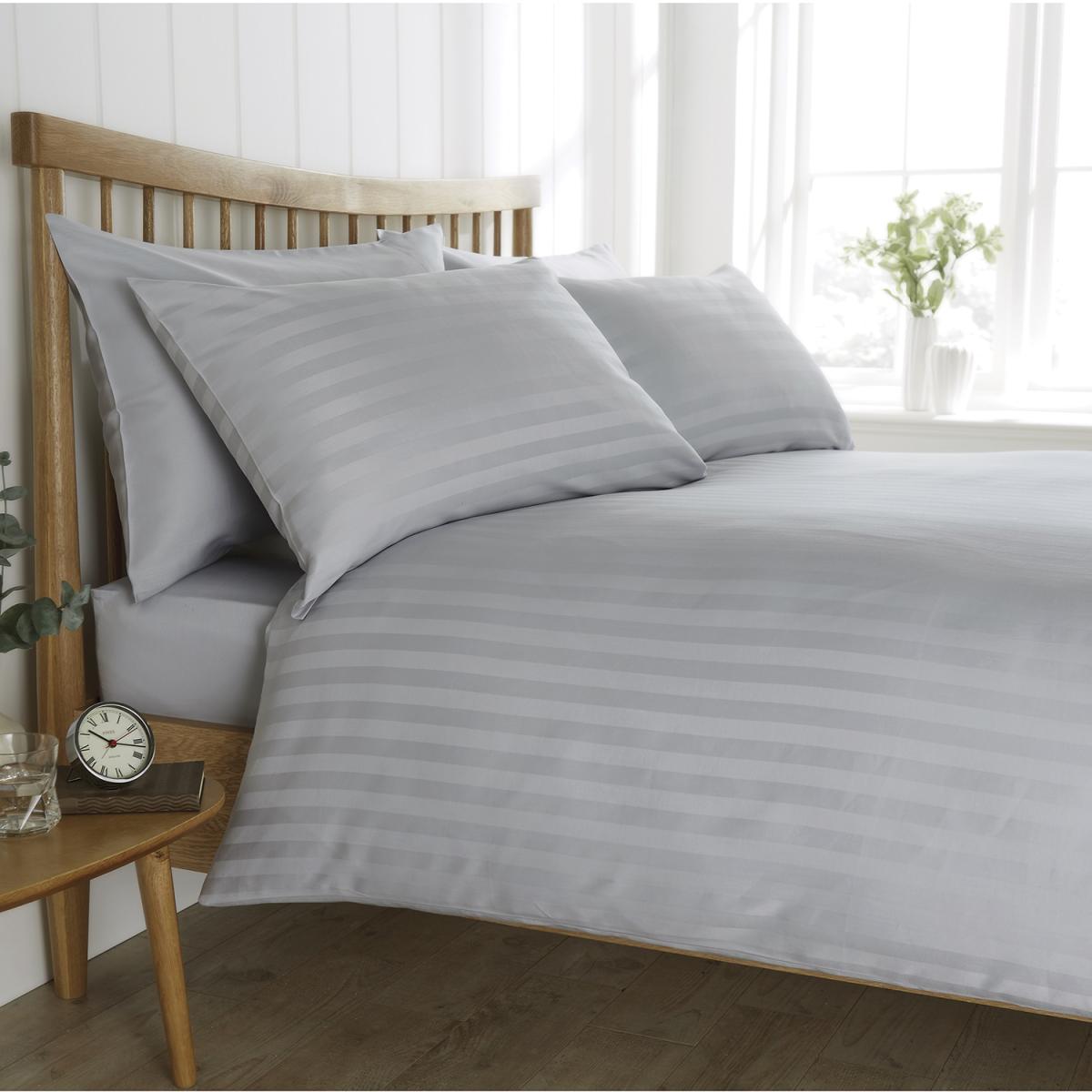 Satin Stripe 200 Thread Count Duvet Cover and Pillowcase Set - Silver / Super King – image 1