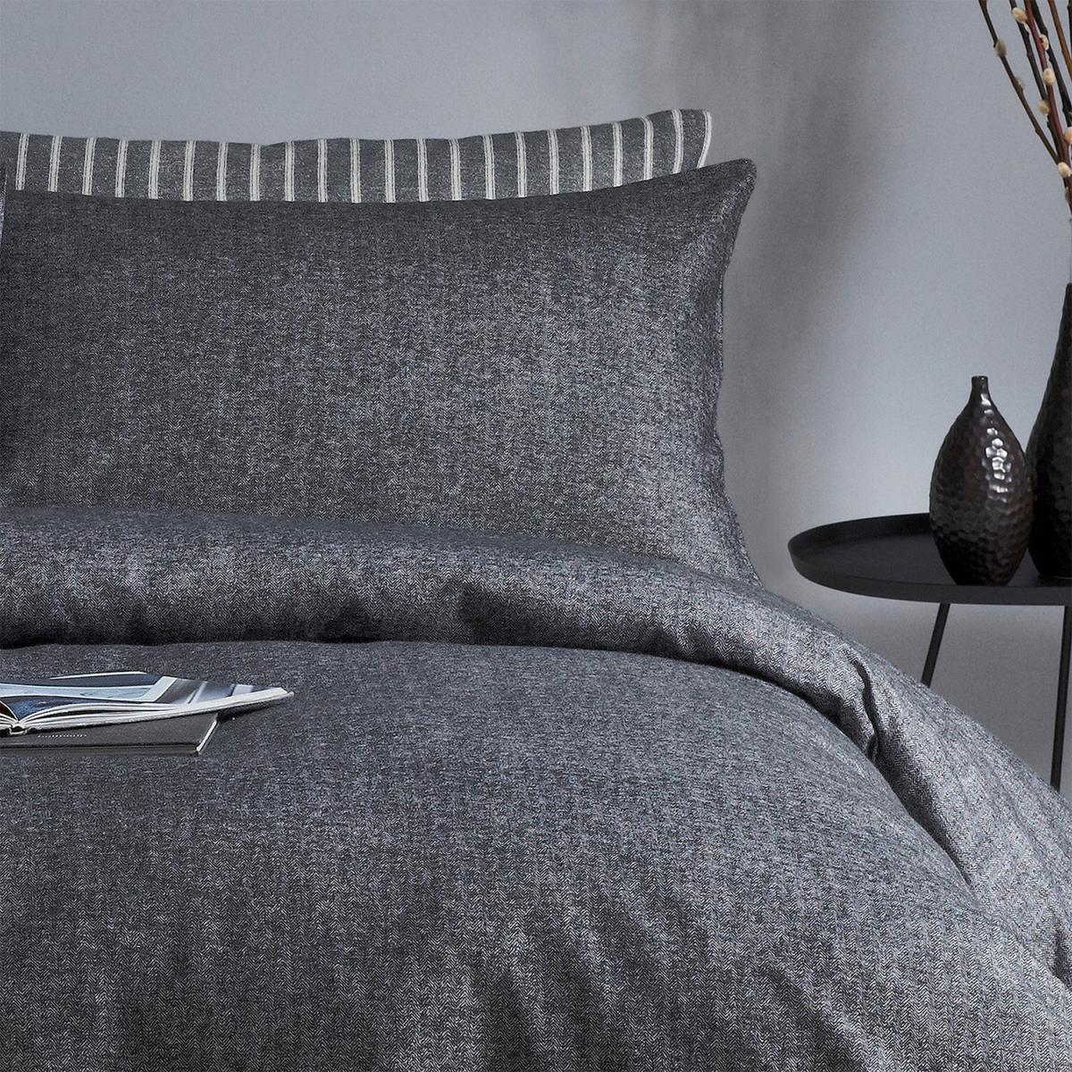 Brushed Cotton Herringbone Duvet Cover Set - Charcoal / Superking – image 2