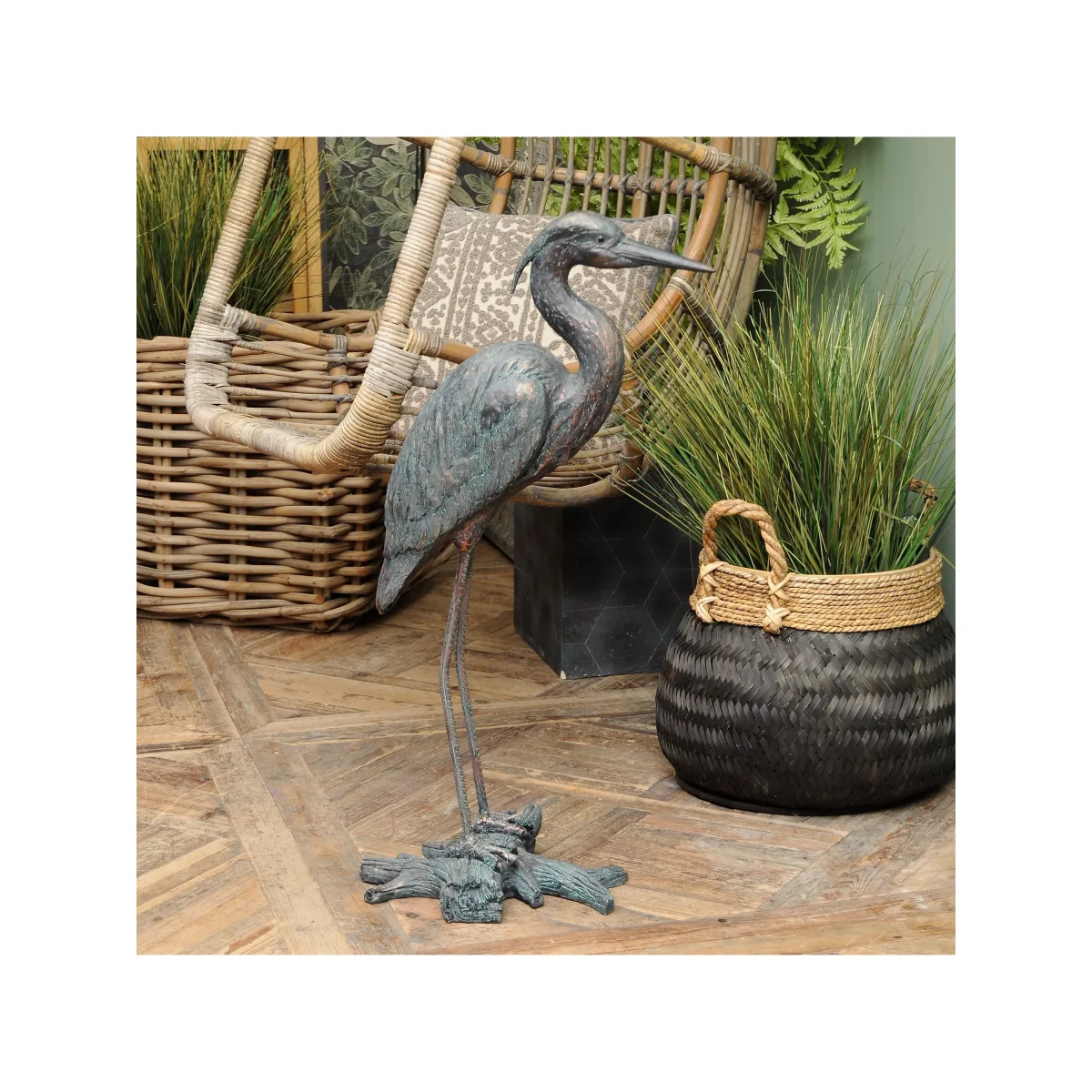 Libra Tall Standing Heron Sculpture, H85.7cm, Verdigris – image 3