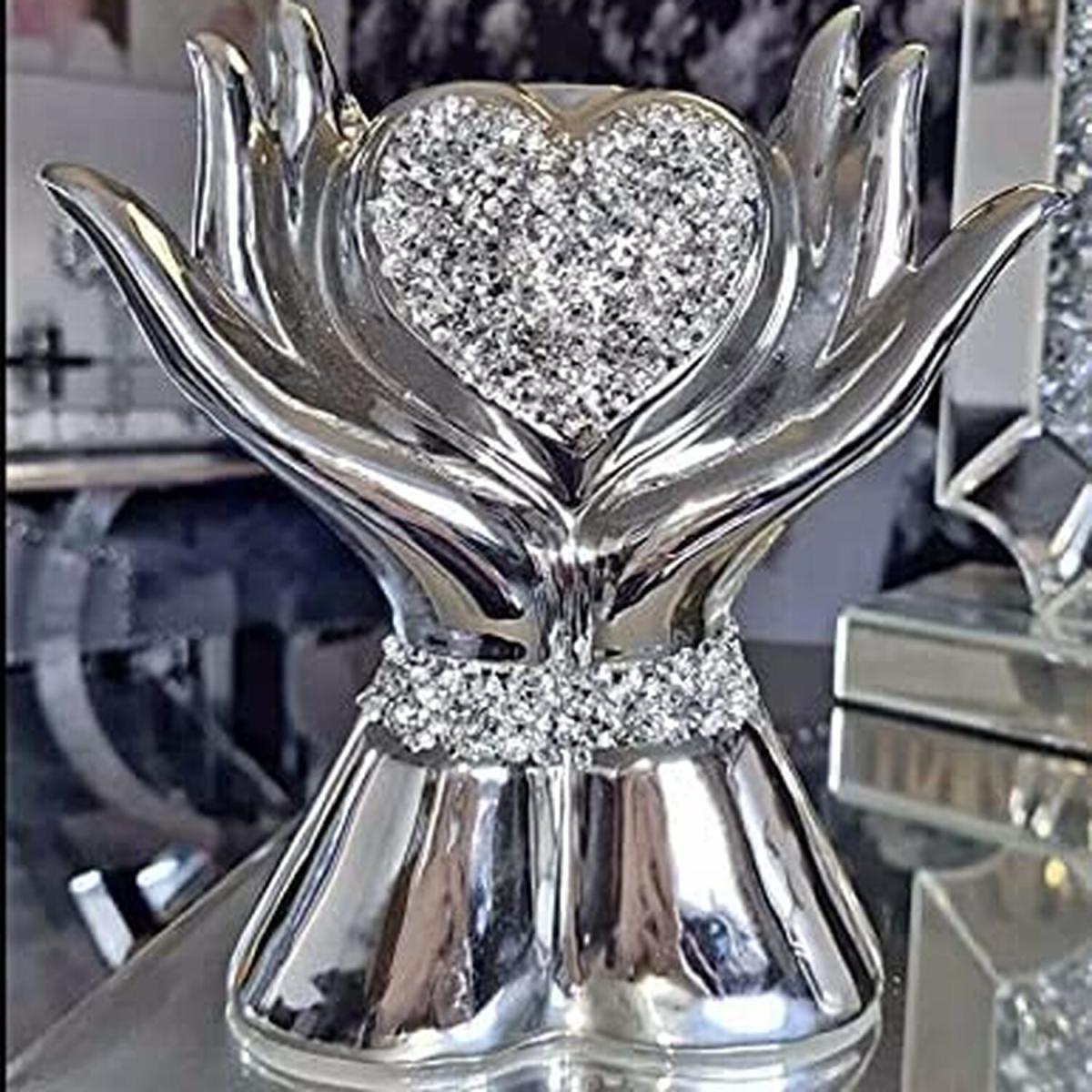 Crushed Crystal Heart In Hands Sparkle Ornament - Silver