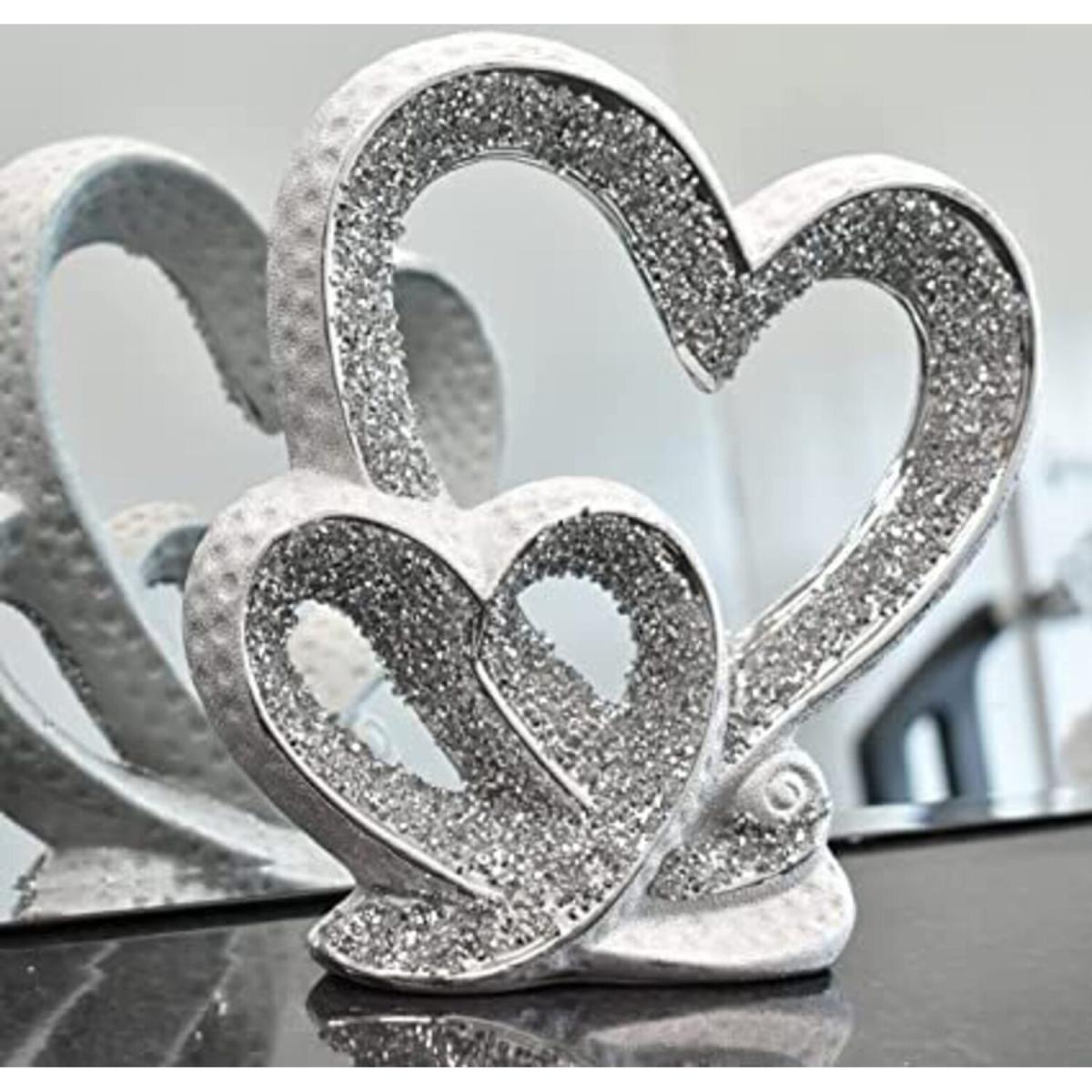 Crushed Diamond Double Heart Ornament With Round Base - Silver – image 3