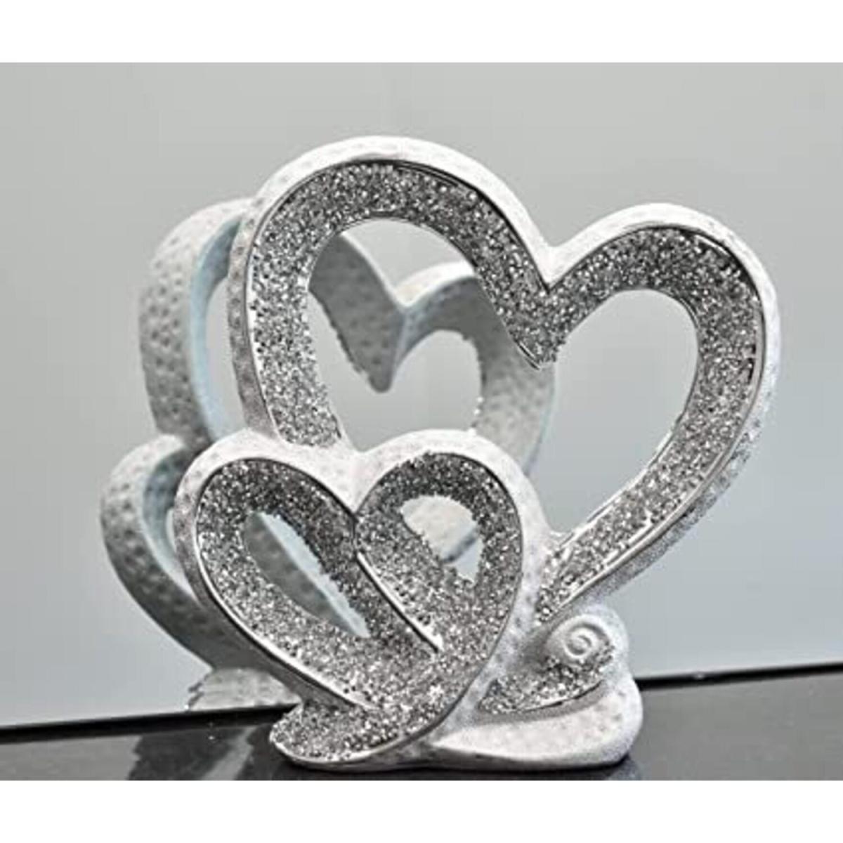 Crushed Diamond Double Heart Ornament With Round Base - Silver – image 1