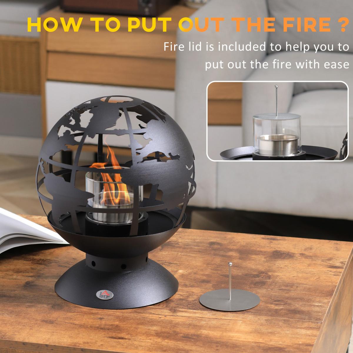 Globe Shape Tabletop Ethanol Fireplace, Portable Bioethanol Fire Pit with Lid - Black – image 4