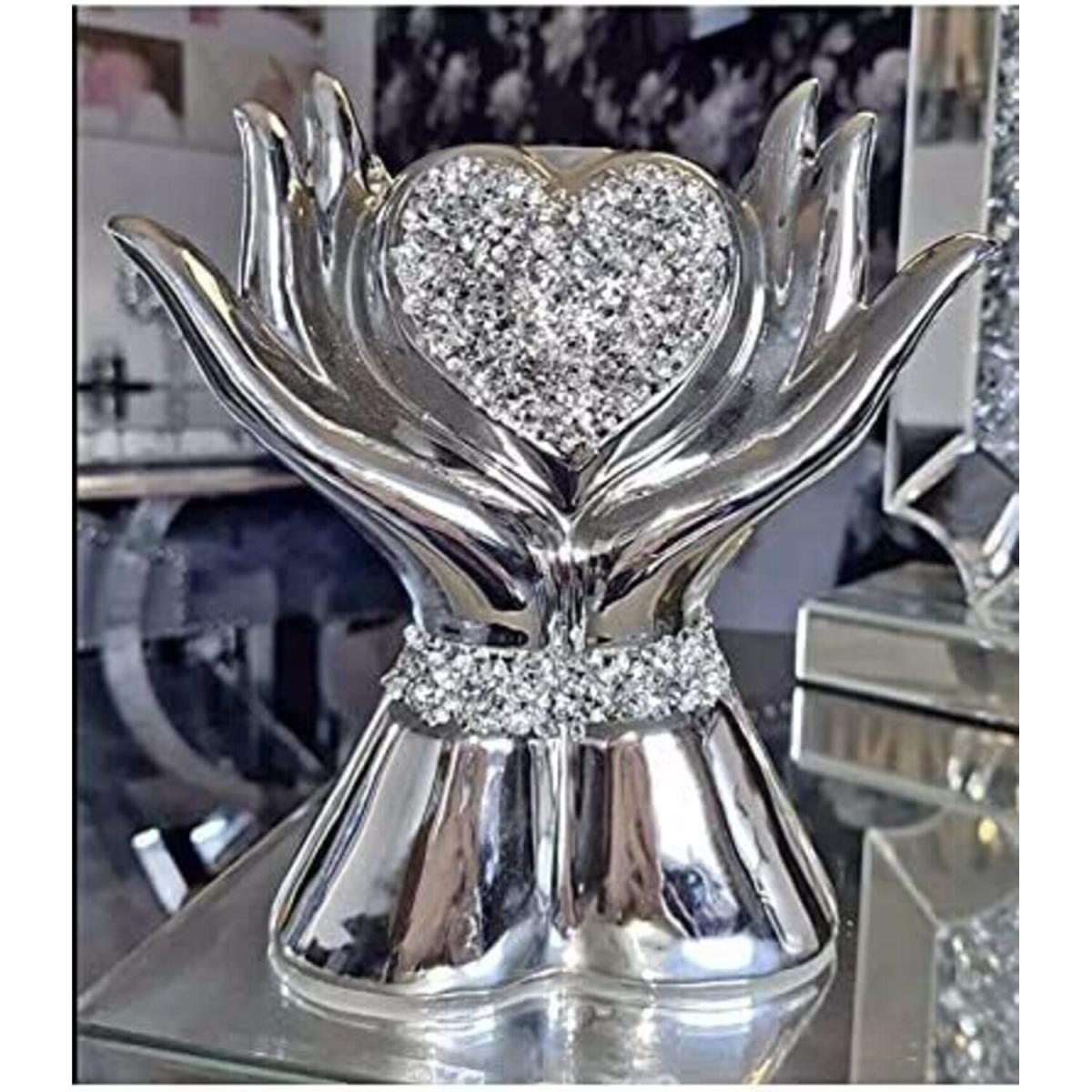 Sparkly Crushed Crystal Heart In Hands Ornament - Silver
