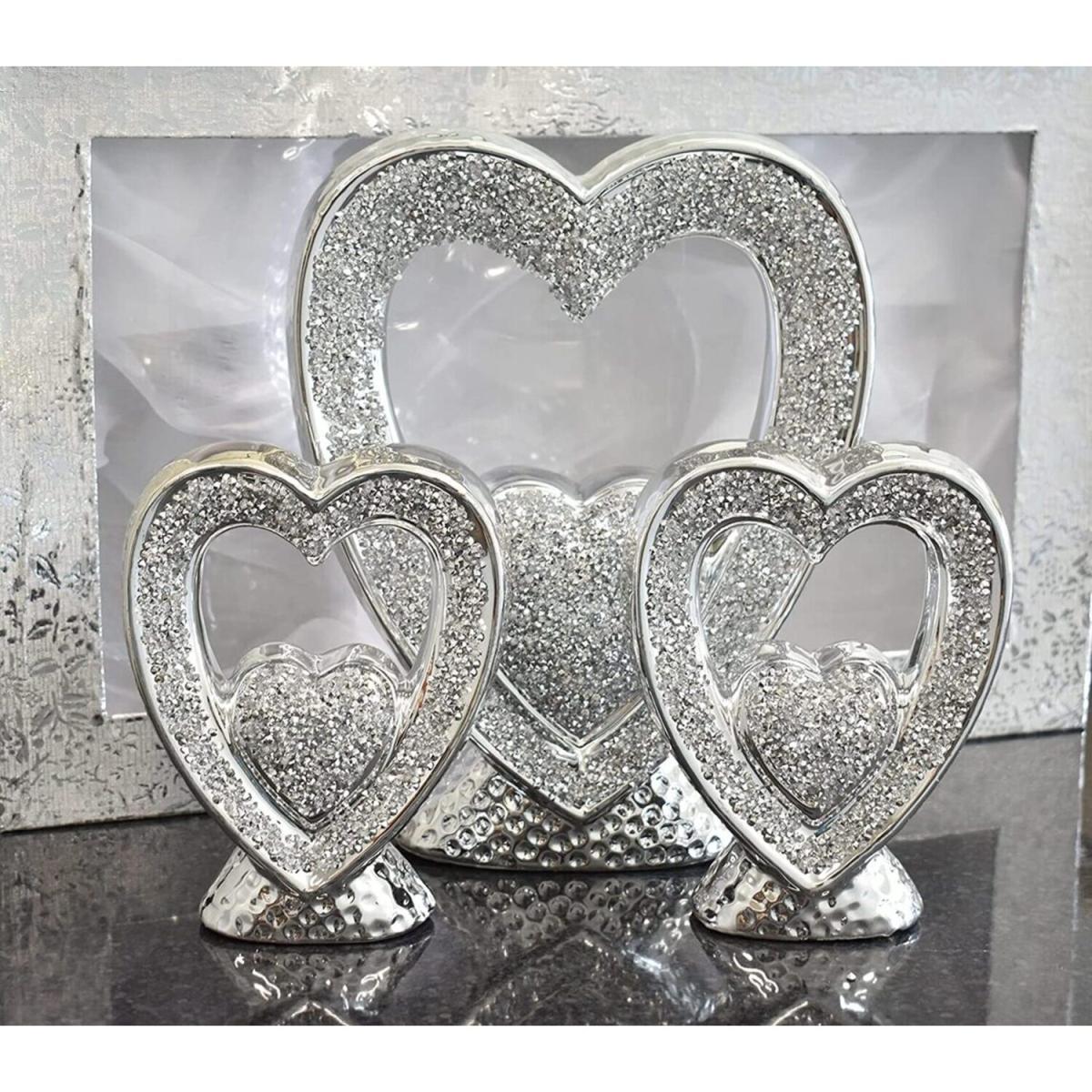 Silver Hearts Sparkle Ornament Crushed Diamond Set Of 3 - Silver – image 2
