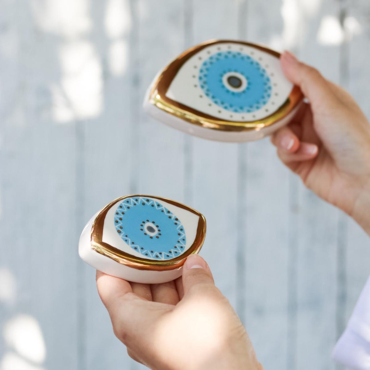 Handmade Gold Decorated Ceramic Evil Eye Protector - Luck And Protection - The Blue Eye Wall Hanging | One Size | Modeditions – image 2