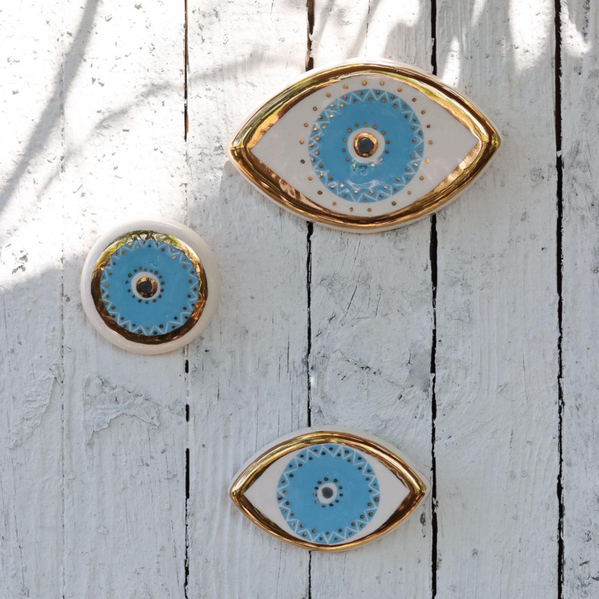 Handmade Gold Decorated Ceramic Evil Eye Protector - Luck And Protection - The Blue Eye Wall Hanging | One Size | Modeditions – image 3