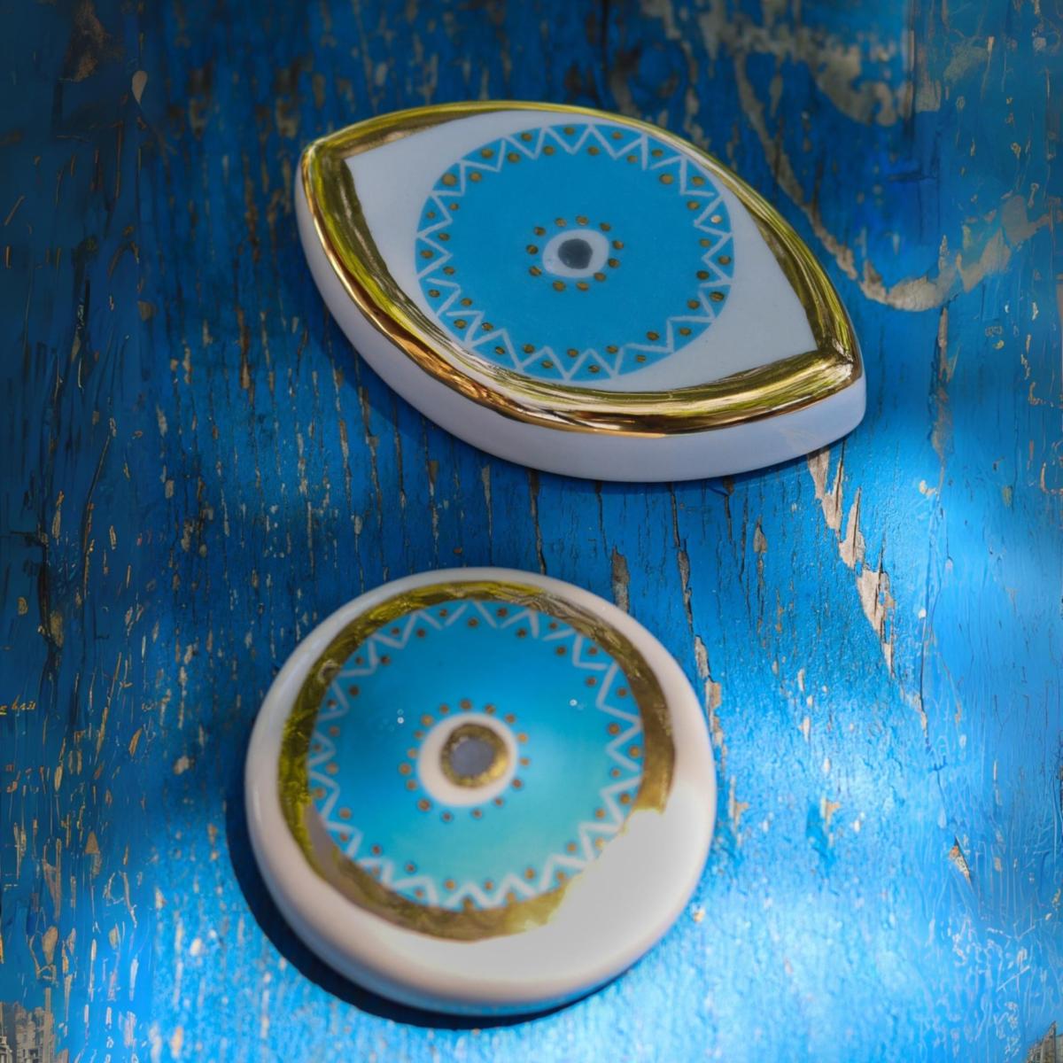 Handmade Gold Decorated Ceramic Evil Eye Protector - Luck And Protection - The Blue Eye Wall Hanging | One Size | Modeditions – image 4