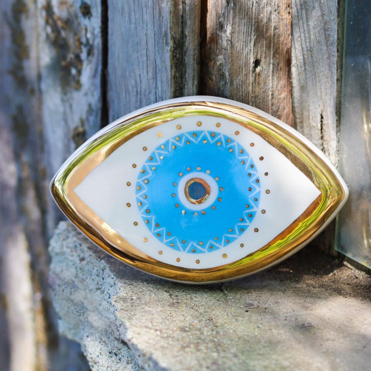 Handmade Gold Decorated Ceramic Evil Eye Protector - Luck And Protection - The Blue Eye Wall Hanging | One Size | Modeditions – image 5