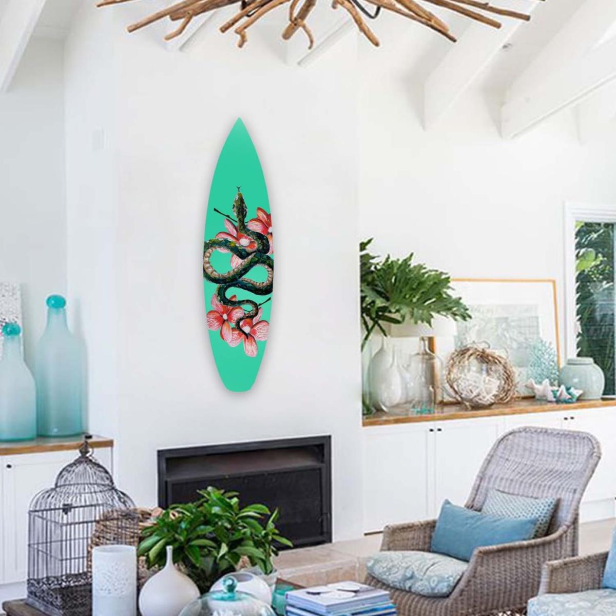 Green Surfboard Wall Decor Snake Flowers Catchii – image 2