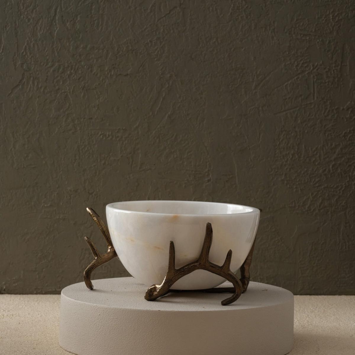 White / Brown Handmade White Marble Bowl With Bronze Antler Base | Anatoliacraft – image 2
