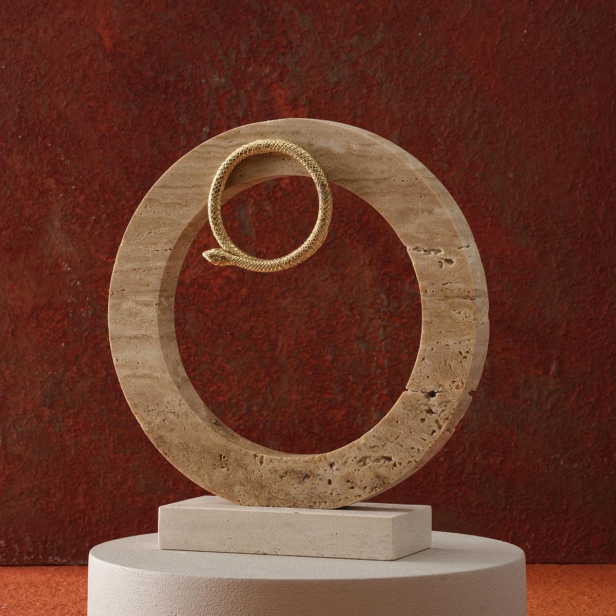 Neutrals / Gold Handmade Travertine Circle Sculpture With Gold Serpent Accent | Anatoliacraft – image 2