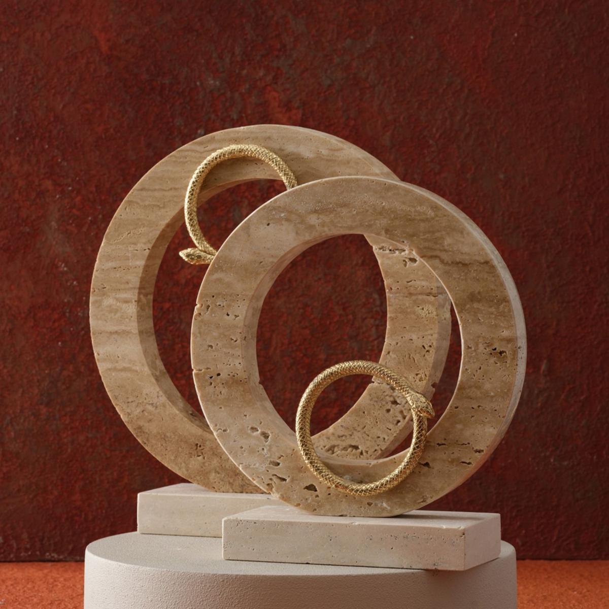 Neutrals / Gold Handmade Travertine Circle Sculpture With Gold Serpent Accent | Anatoliacraft – image 3