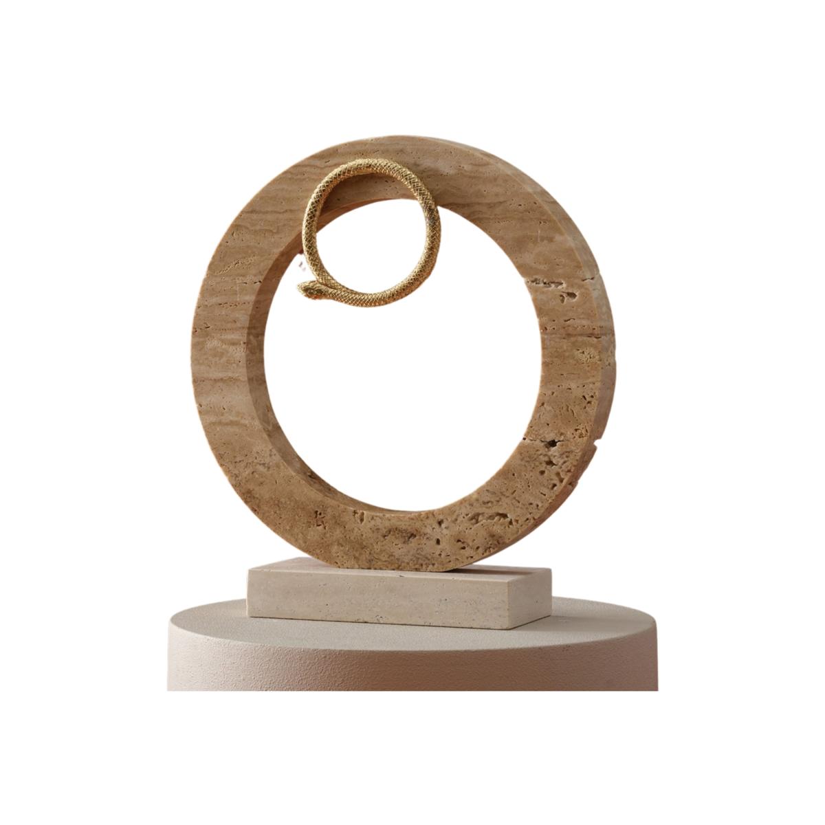Neutrals / Gold Handmade Travertine Circle Sculpture With Gold Serpent Accent | Anatoliacraft – image 1