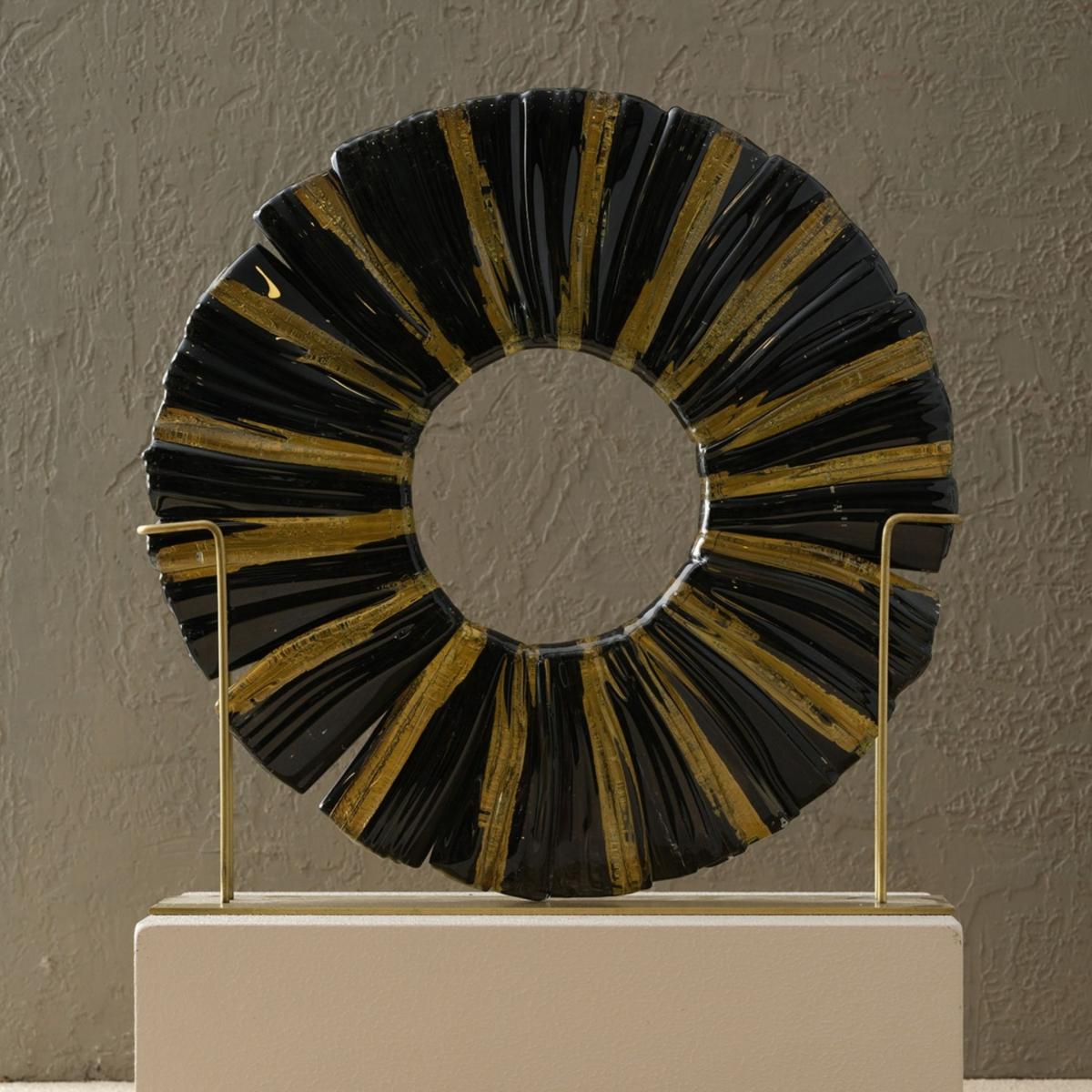 Black Glass Decorative Disc On Brass Stand - Large Statement Art Piece For Home | Anatoliacraft – image 2