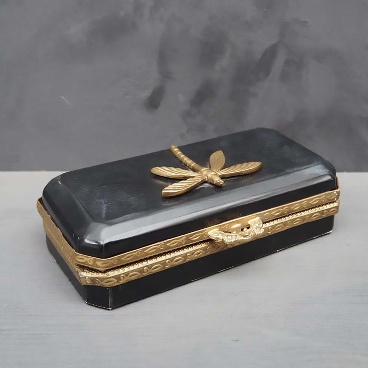Black Jewelry Box Vintage Dragonfly Brass Finish Catchii – image 2