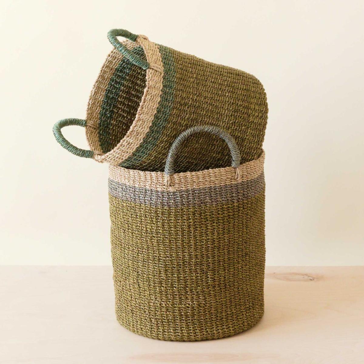 Green / Grey Olive Baskets With Handle Set Of Two - Natural Baskets Likhâ – image 4