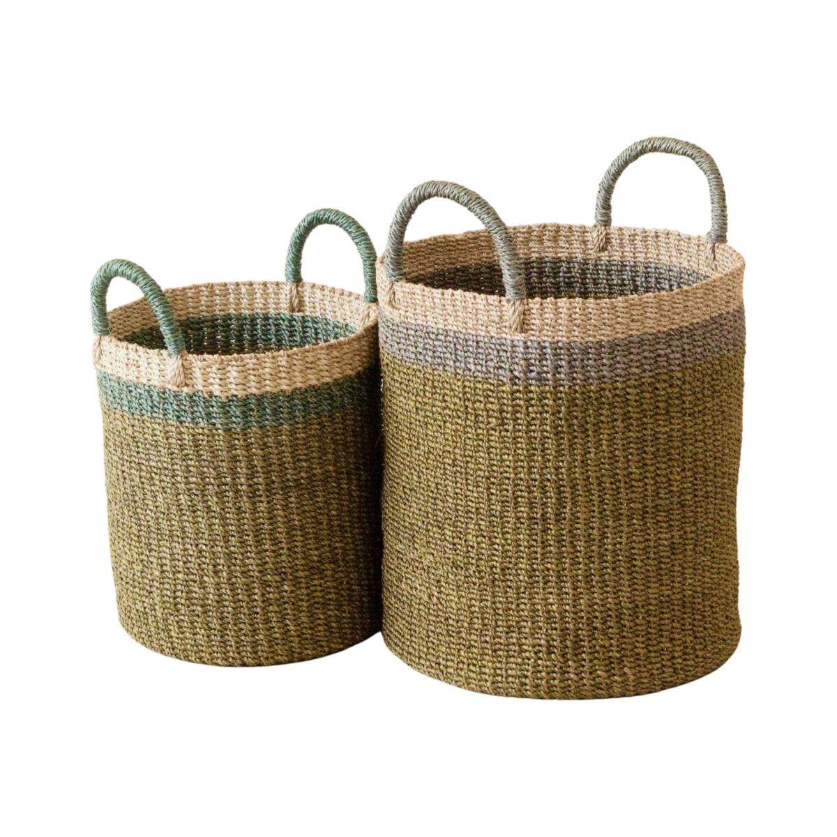 Green / Grey Olive Baskets With Handle Set Of Two - Natural Baskets Likhâ – image 1