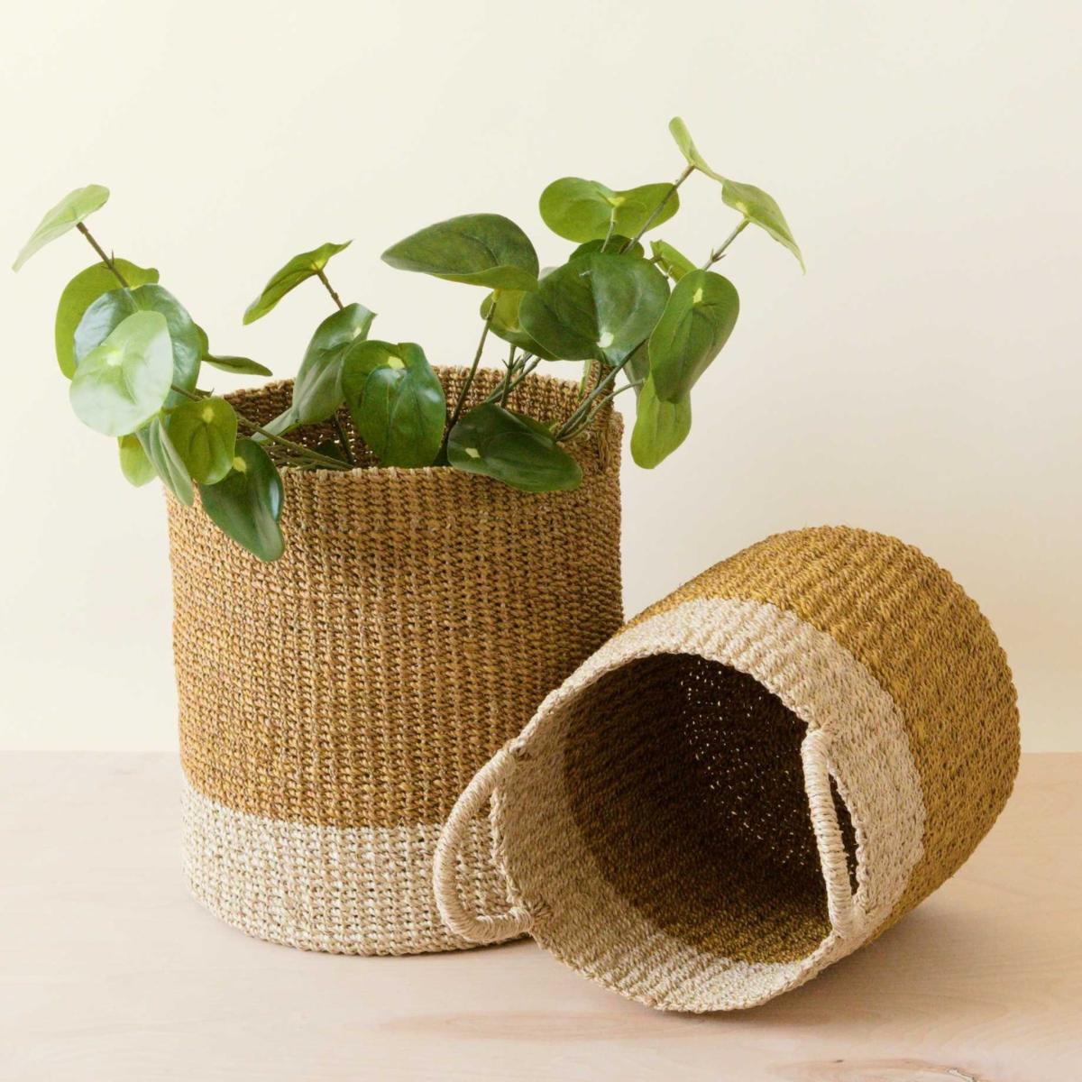 Neutrals Mustard Baskets With Handle Set Of Two - Cylinder Baskets Likhâ – image 2
