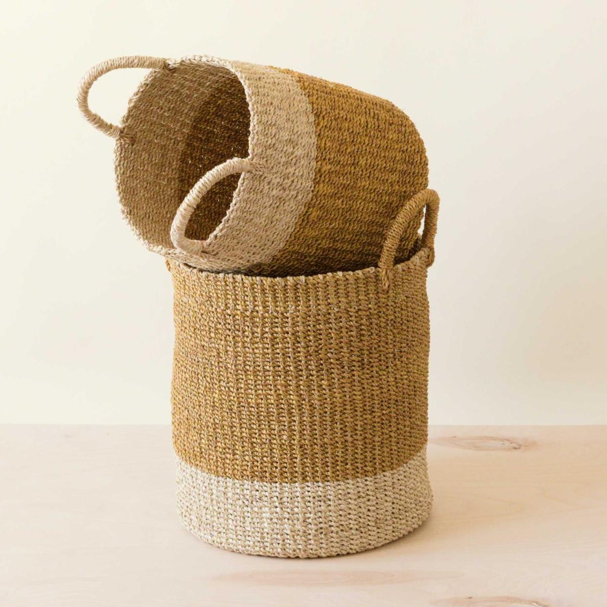 Neutrals Mustard Baskets With Handle Set Of Two - Cylinder Baskets Likhâ – image 3